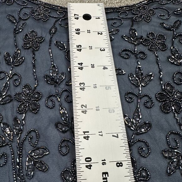 PISSARO NIGHTS Beaded Flapper Mesh Sheath Floral Dress Plus Size 14 W Navy Blue - Picture 4 of 6